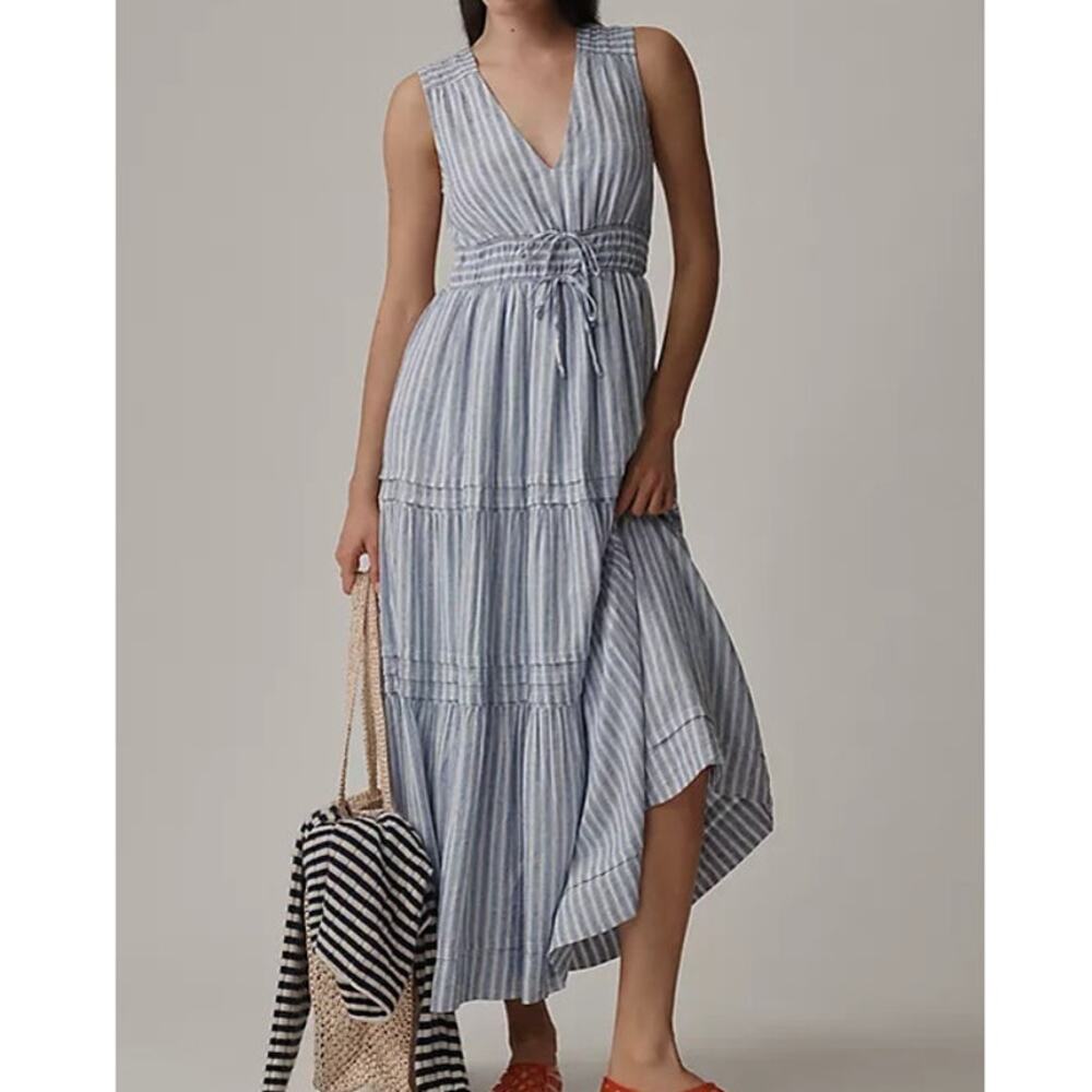 Anthropologie The Somerset Linen Blend Maxi Dress XS Blue White Striped V Neck